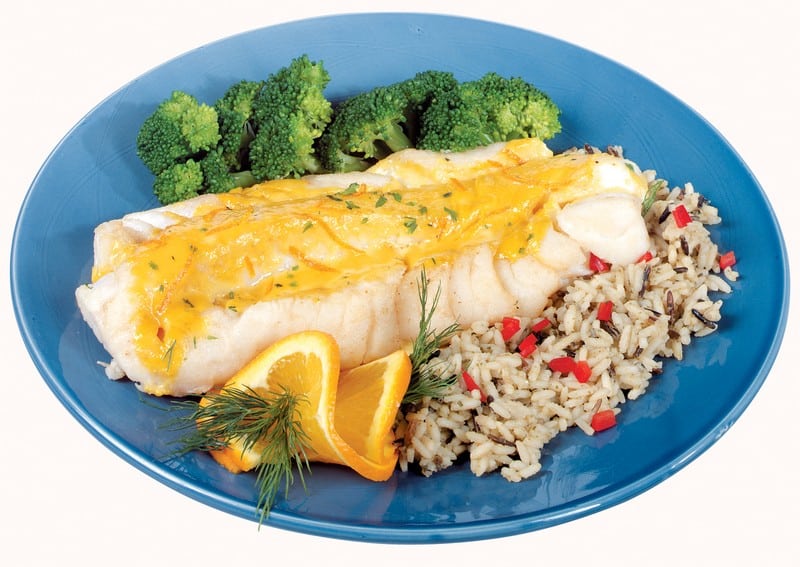 Scrod with Orange, Rice, and Broccoli on Blue Plate Food Picture