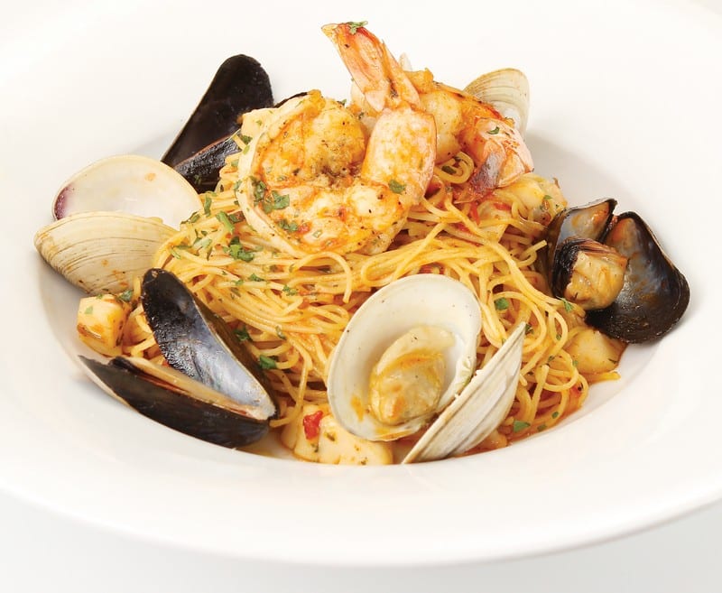 Seafood Pasta in White Dish, Up Close Food Picture