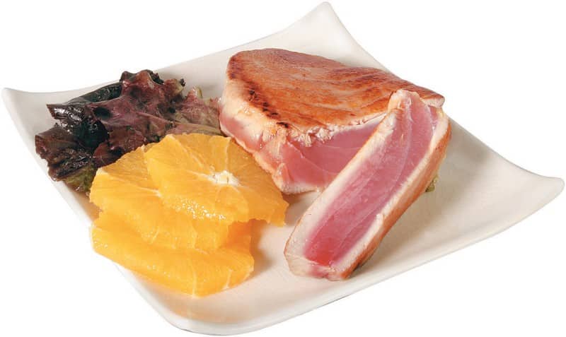 Seared Tuna Steak on White Plate with Oranges Food Picture
