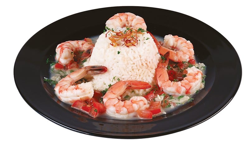 Shrimp with Rice and Broth in Black Dish Food Picture