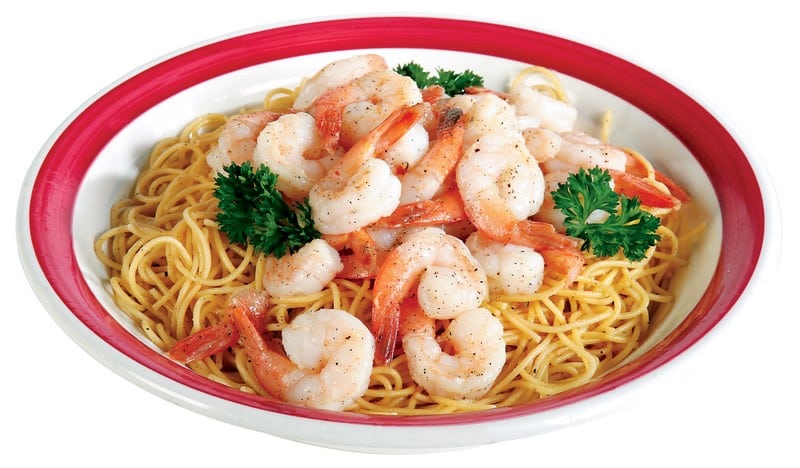 Shrimp Over Pasta with Garnish in Bowl Food Picture