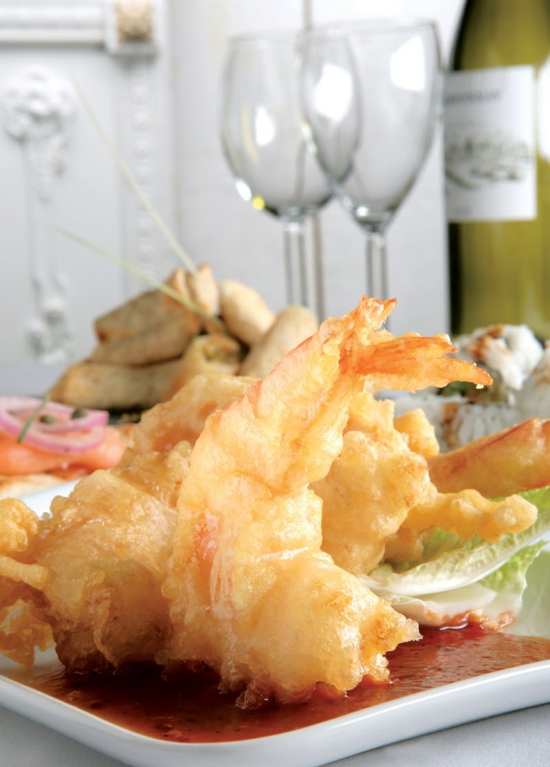 Shrimp Appetizer with Sauce and Wine Glasses Food Picture