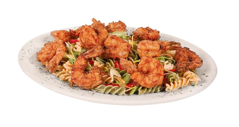 Breaded Shrimp over Pasta in White Dish Food Picture