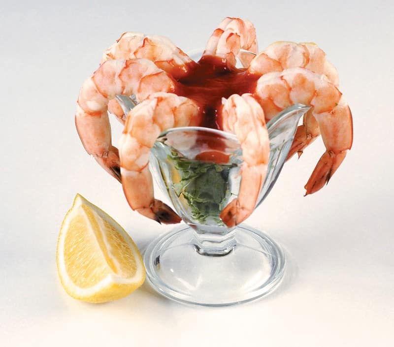Shrimp Cocktail in Clear Glass with Lemon Wedge Food Picture