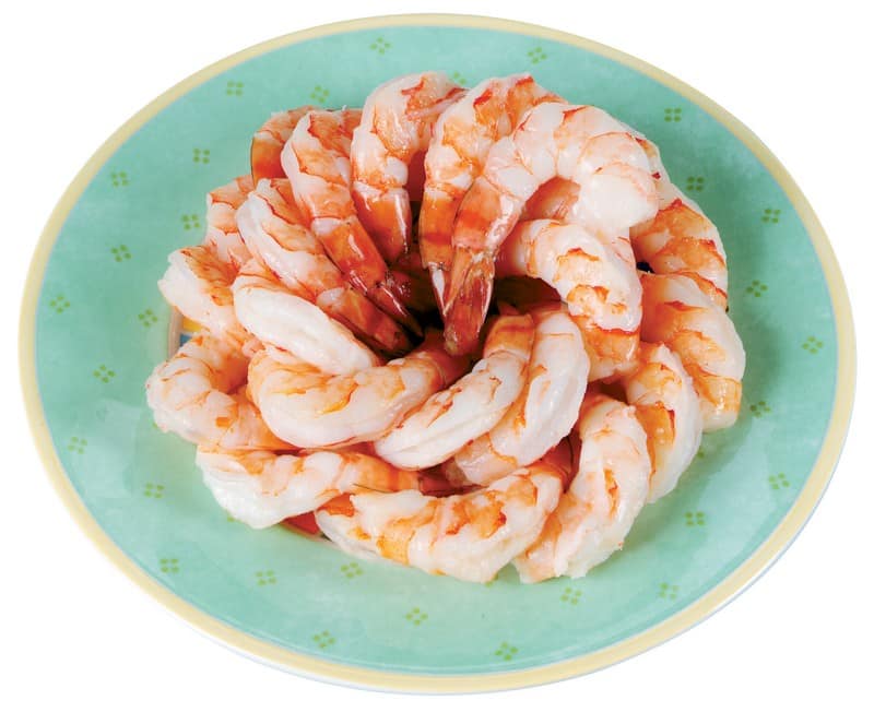 Shrimp Cocktail on Teal and Tan Plate Food Picture