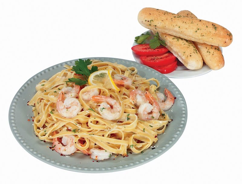 Fettucini Shrimp in Gray Bowl with Side of Breadsticks Food Picture