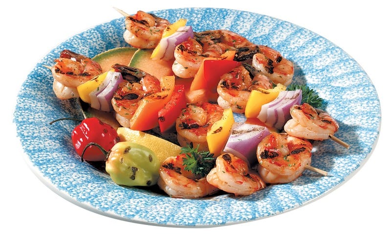 Shrimp and Vegetable Kabobs on Blue and White Plate Food Picture
