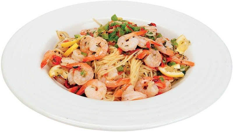 Shrimp over Pasta with Veggies in White Bowl Food Picture