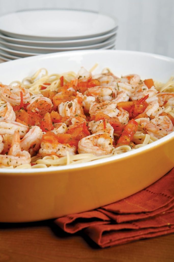 Shrimp over Pasta in Casserole Dish Food Picture