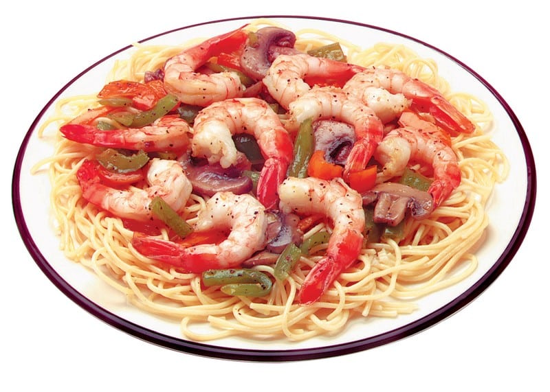Shrimp over Pasta on Black and White Plate Food Picture