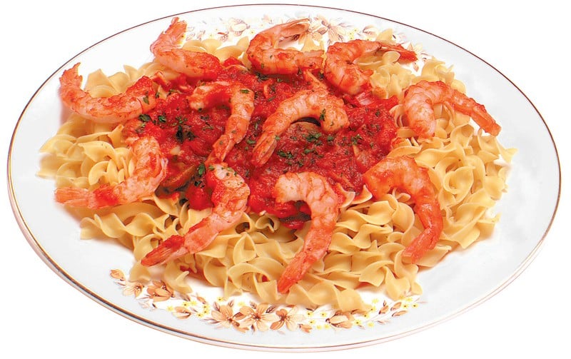 Shrimp over Pasta with Sauce on White and Gold Dish Food Picture