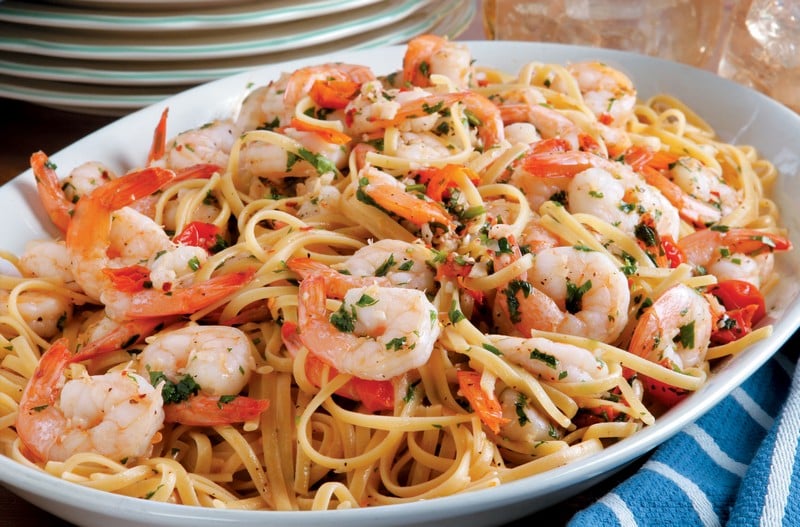 Shrimp and Pasta in Large White Bowl Food Picture