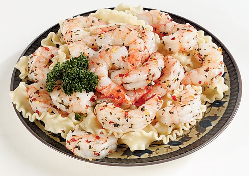 Shrimp over Pasta with Garnish in Bowl Food Picture