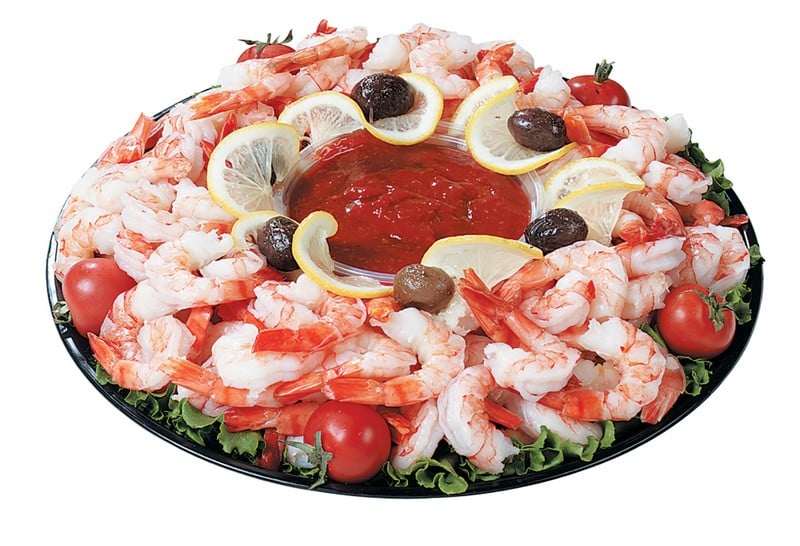 Shrimp Platter with Olives, Lemon, and Tomatoes Food Picture