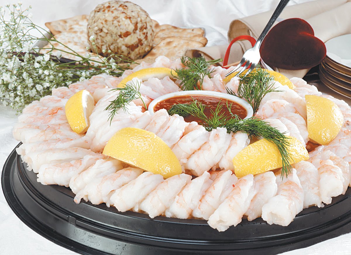 Shrimp Appetizer Platter on Black Tray with Garnish Food Picture