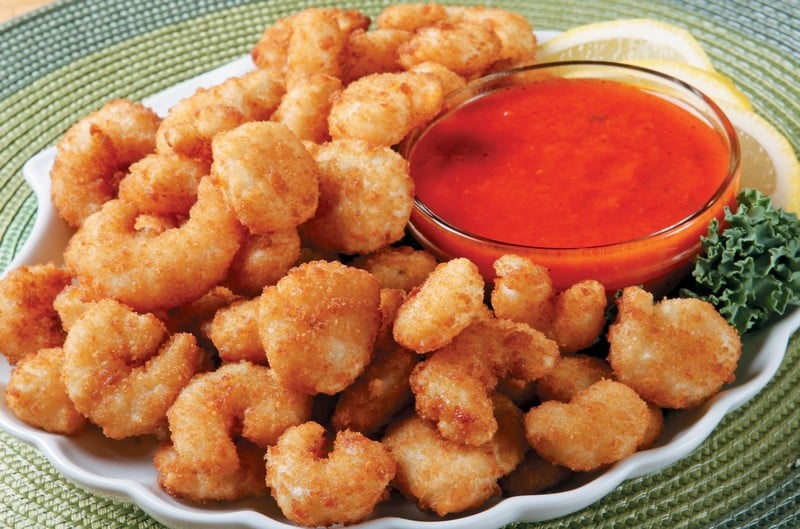 Popcorn Shrimp with Dipping Sauce in White Dish Food Picture