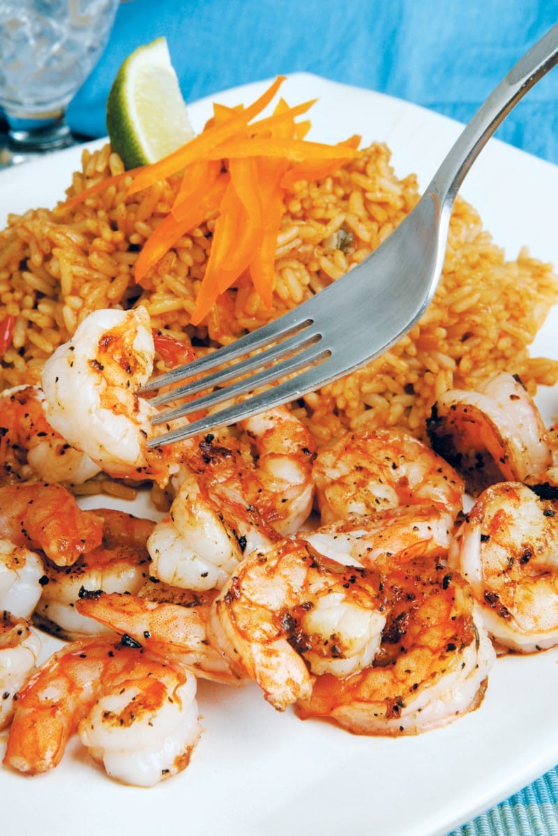 Shrimp and Rice on White Plate with Fork Food Picture
