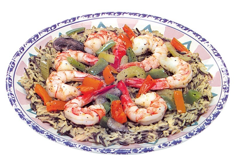 Shrimp and Veggies over Rice on Colorful Plate Food Picture