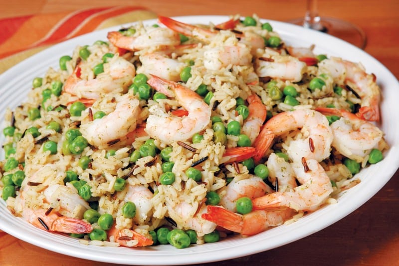 Shrimp with Rice and Peas in White Bowl Food Picture
