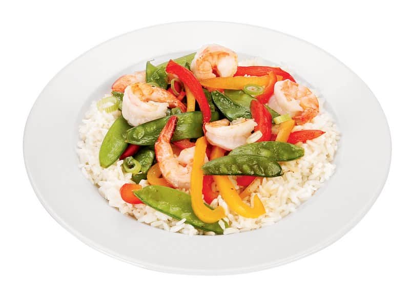 Shrimp and Vegetables over Rice in White Bowl Food Picture
