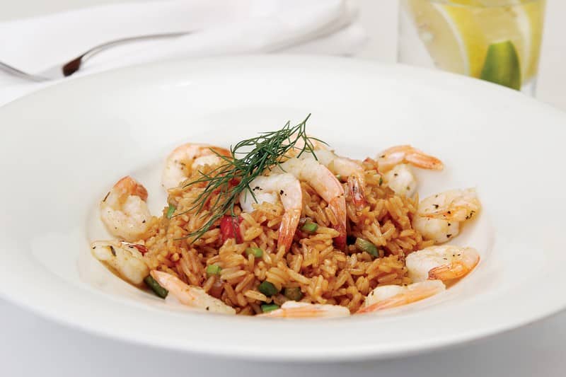Shrimp with Rice and Garnish in White Bowl Food Picture