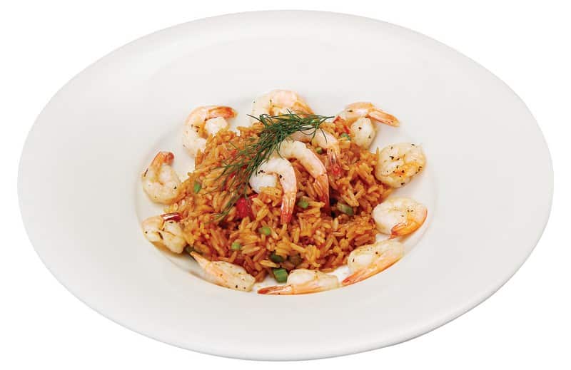 Shrimp and Rice with Garnish in White Bowl Food Picture