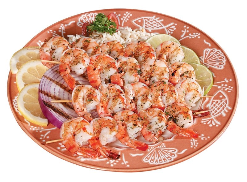 Shrimp Skewers on Orange and White Plate Food Picture