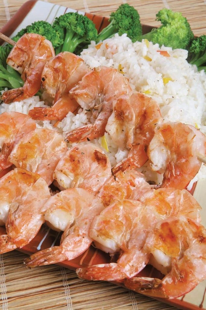 Shrimp Skewers on Plate with White Rice and Broccoli Food Picture
