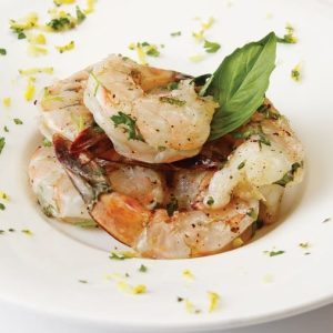Unpeeled Shrimp with Garnish and Seasoning in White Dish Food Picture