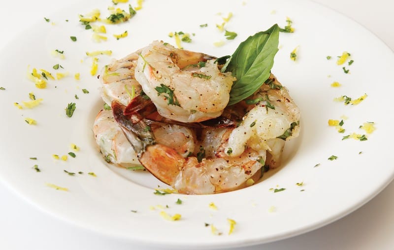 Unpeeled Shrimp with Garnish and Seasoning in White Dish Food Picture