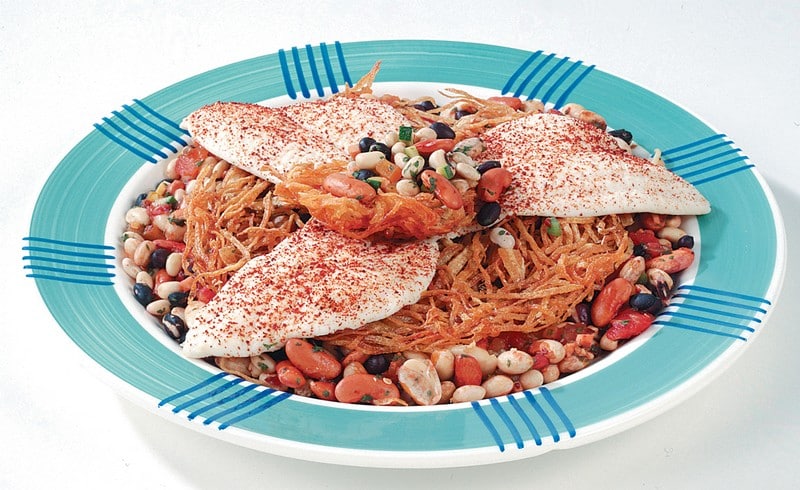 Sole over Pasta and Beans on Blue and White Plate Food Picture