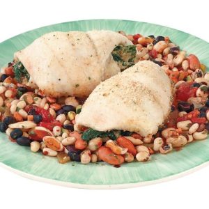Baked Stuffed Sole over Beans on Green and White Plate Food Picture