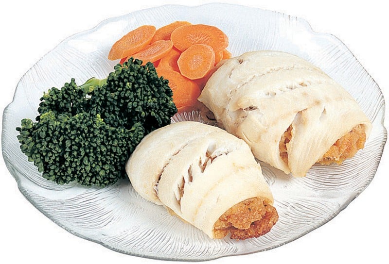 Baked Stuffed Sole with Broccoli and Carrots on Clear Plate Food Picture