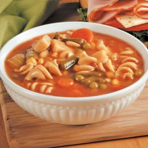 Vegetable Soup in White Ridged Bowl Food Picture