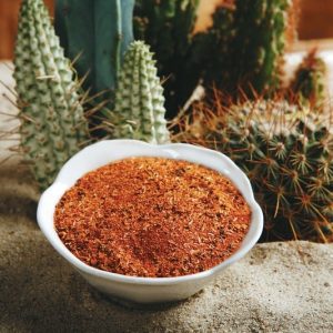 Southwestern Spice in White Dish on Sand with Catuses Food Picture