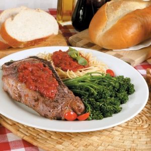 Steak Pizziaola on White Plate and Red Checkered Tablecloth Food Picture