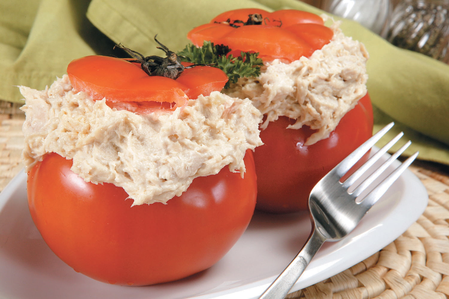 Stuffed Tomatoes on a Plate with a Fork Food Picture