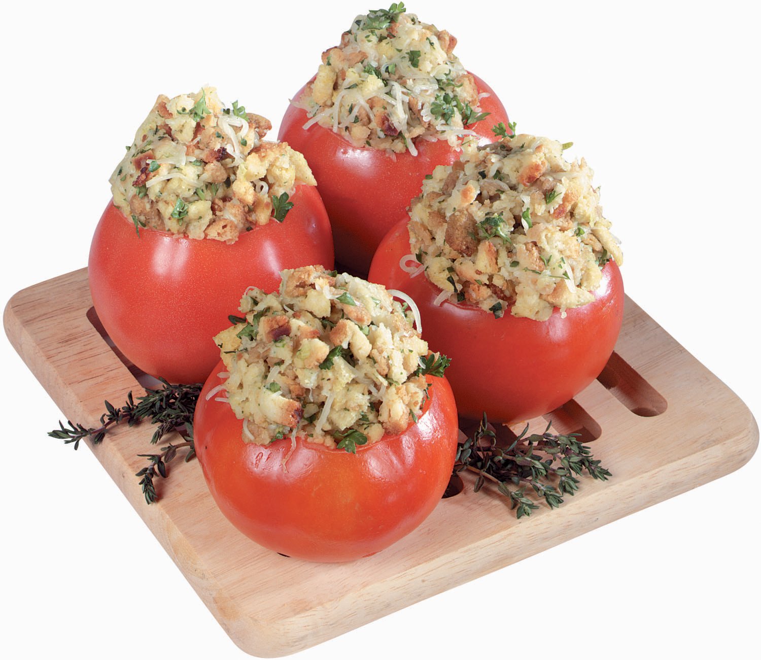 Stuffed Tomatoes on Wooden Board Food Picture