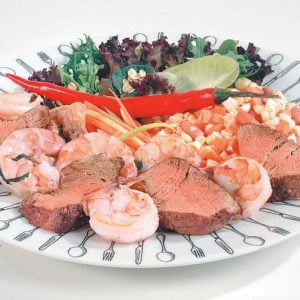 Surf and Turf with Side Salad on Black and White Plate Food Picture