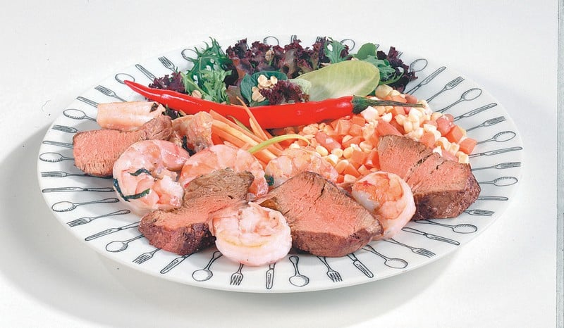 Surf and Turf with Side Salad on Black and White Plate Food Picture