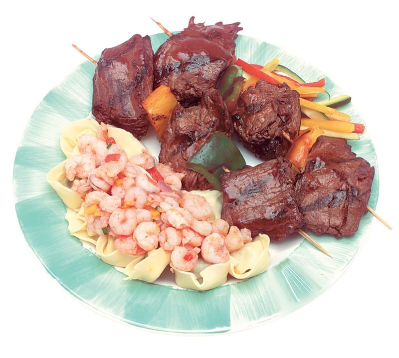 Surf and Turf Skewers with Veggies on Plate Food Picture