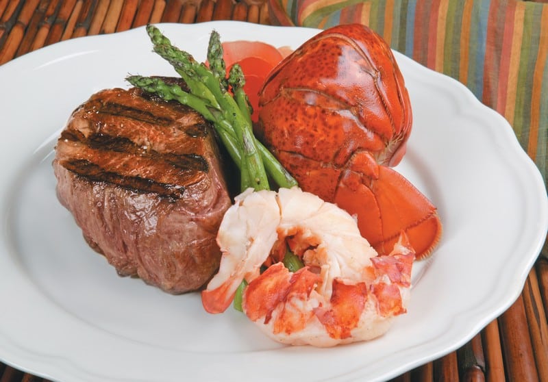 Surf and Turf with Asparagus on White Plate Food Picture