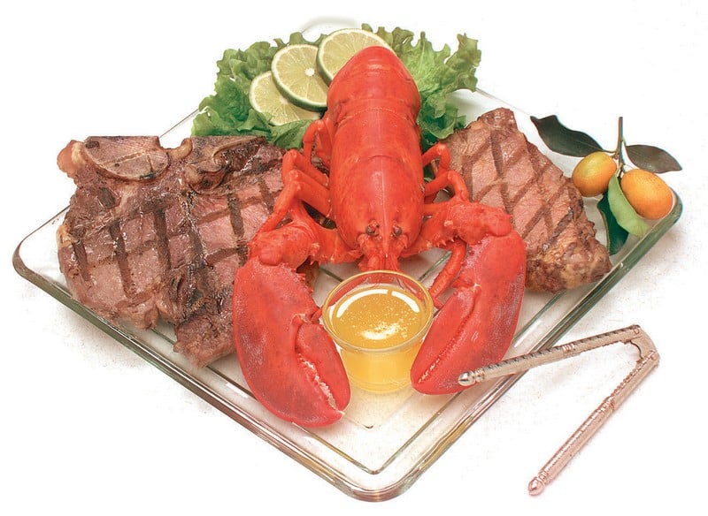 Surf and Turf with Garnish on Clear Dish Food Picture