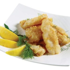 Battered Swai fish with garnish on white plate with white background Food Picture