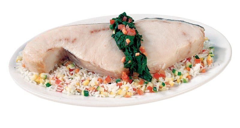 Swordfish over Rice with Veggies on White Plate Food Picture
