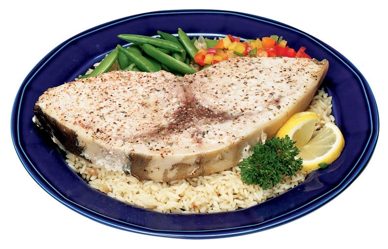 Swordfish over Veggies and Rice on Blue Plate Food Picture