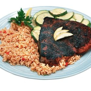 Cajun Swordfish with Rice and Veggies on Plate Food Picture