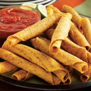 Taquito in Bowl with Dipping Sauce and Garnish Food Picture