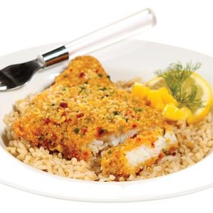 Breaded tilapia over rice with garnish in white dish with fork Food Picture