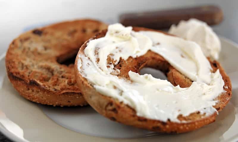 Fresh Toasted Bagel with Cream Cheese on Plate Food Picture
